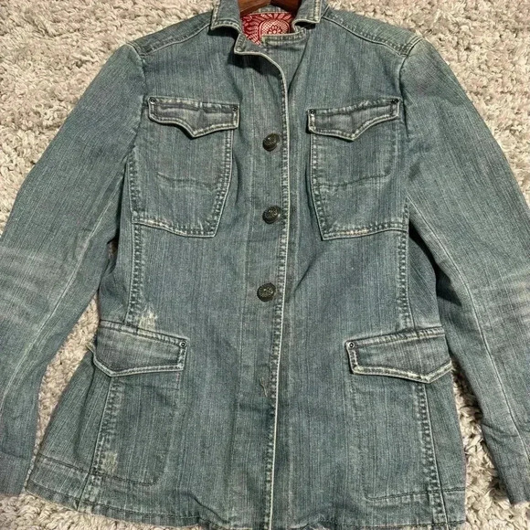 ELIE TAHARI BLUE JEAN BUTTON FRONT DISTRESSED JACKET...woman’s Large - Picture 3 of 11